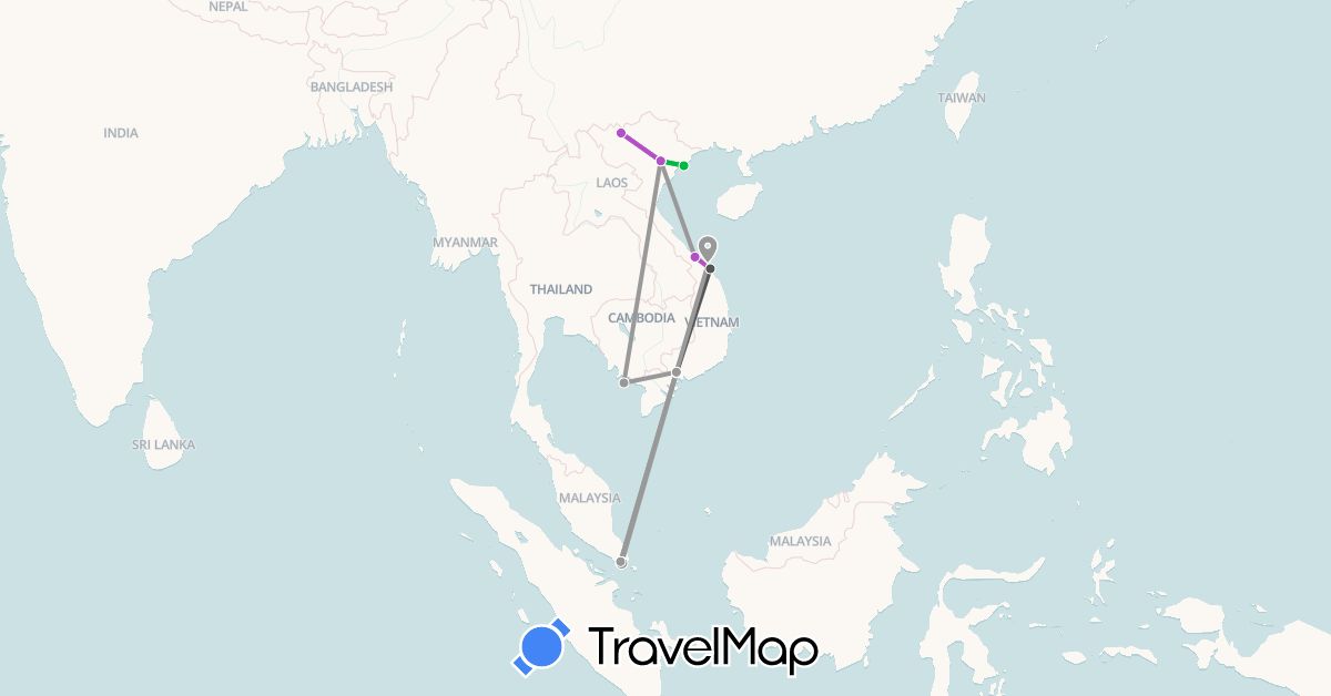 TravelMap itinerary: bus, plane, train, motorbike in Singapore, Vietnam (Asia)